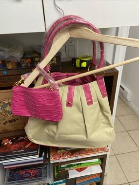 Vintage Lancome Cream Tote with Pink Croc Embossed Trim and Matching Wristlet